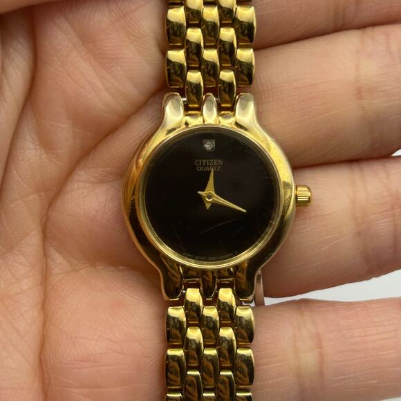 Citizen Gold Tone Stainless Steel Black Dial Women’s Quartz Watch, 22mm Working - Picture 5 of 8